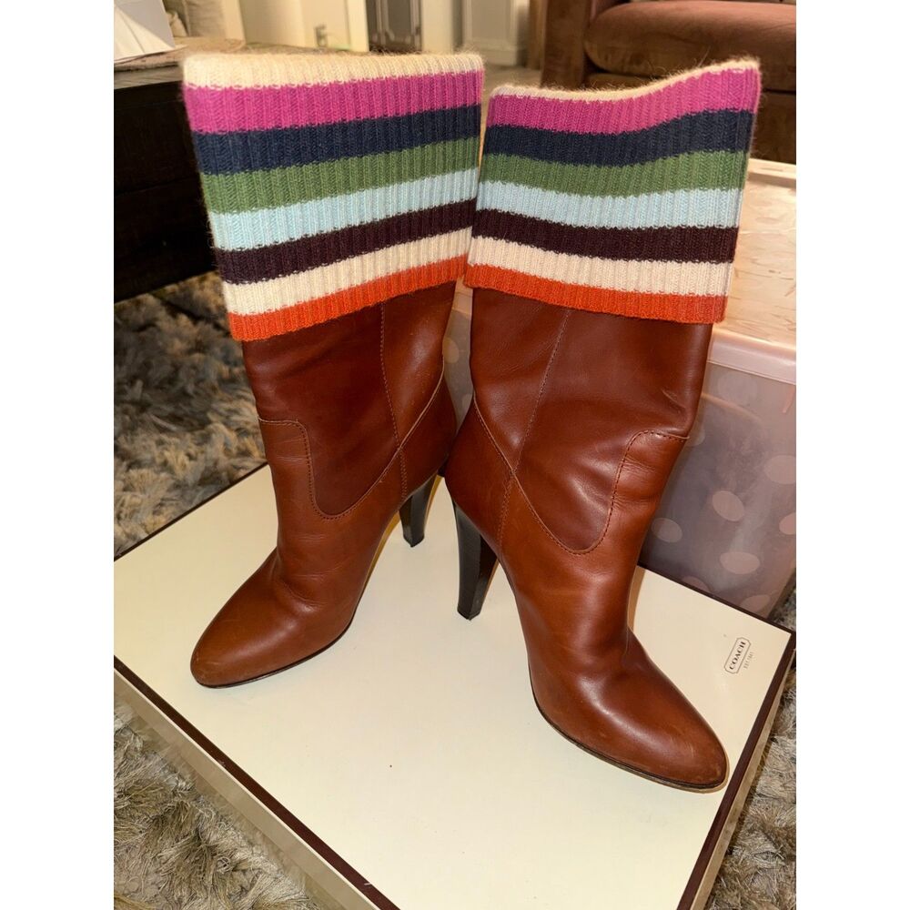 Coach Monika Whiskey Brown Leather Tall Boots with Signature Color Sweater Cuff